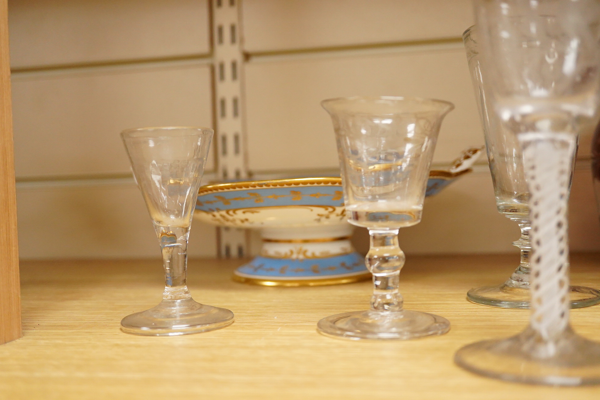 Assorted wine glasses, celery vase, overlaid decanter - 24cm high and a Victorian bone china comport.